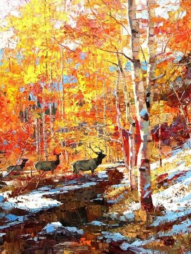  texturizados Pintura al %C3%B3leo - Ciervos texturizados rojo amarillo árboles otoño por cuchillo 11